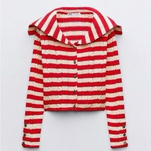 Zara Red and Cream Striped Knit Blazer